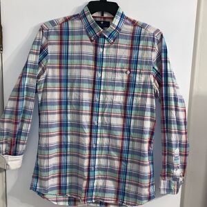 Mens Button Front Plaid Shirt L Multi Vivid Convertible Sleeves Button-Collar